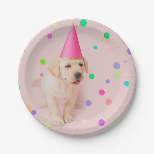 Little Paws Yellow Lab puppy pink birthday Paper Plate (Front)