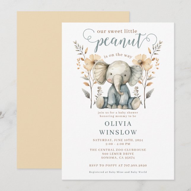 Little Peanut Baby Elephant Peach Blue Baby Shower Invitation (Front/Back)