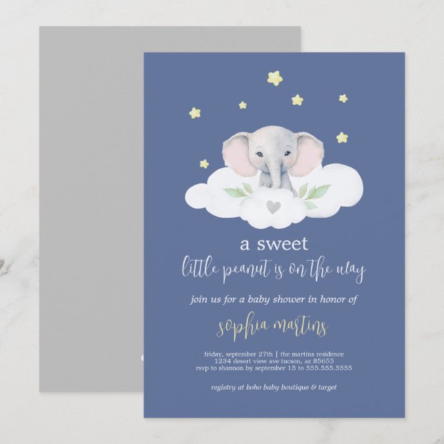Little Peanut Baby Shower Invitation Blue Elephant (Front/Back)