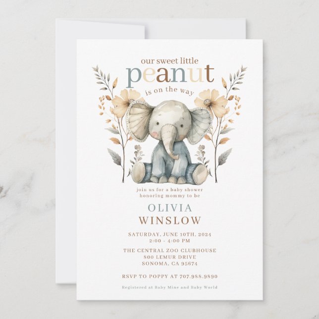 Little Peanut Blue Baby Elephant Baby Shower Invitation (Front)