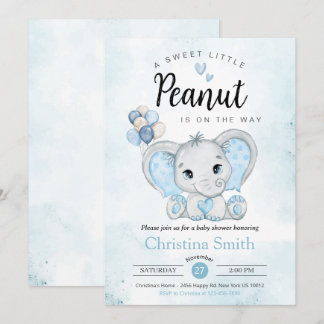 Little Peanut Blue Elephant Baby Boy Shower Invitation