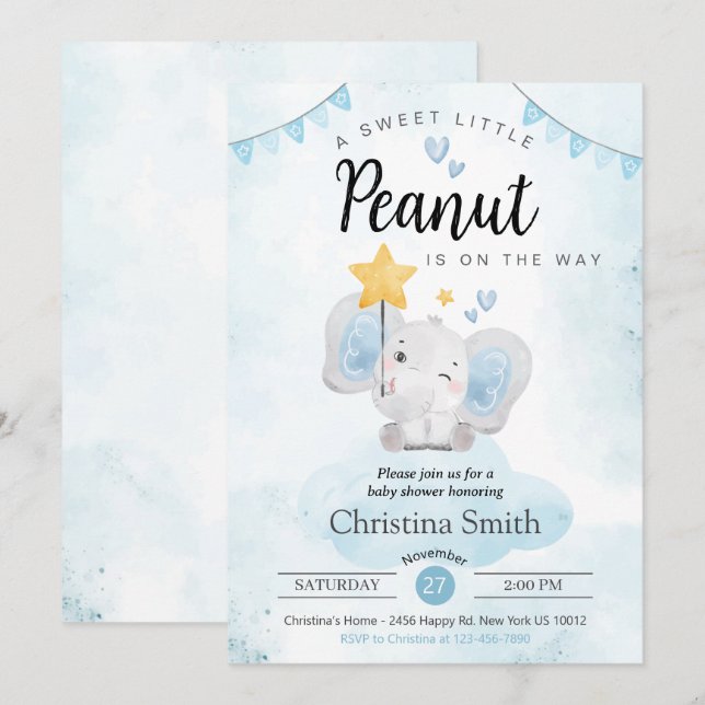 Little Peanut Blue Elephant Baby Boy Shower Invitation (Front/Back)