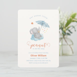 Little Peanut Blue Umbrella Elephant Baby Shower  Invitation