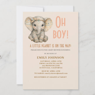 Little Peanut Boho Safari Elephant Boy Baby Shower Invitation
