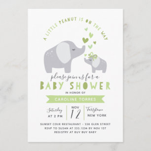 Little Peanut Elephant   Baby Shower   Green Invitation