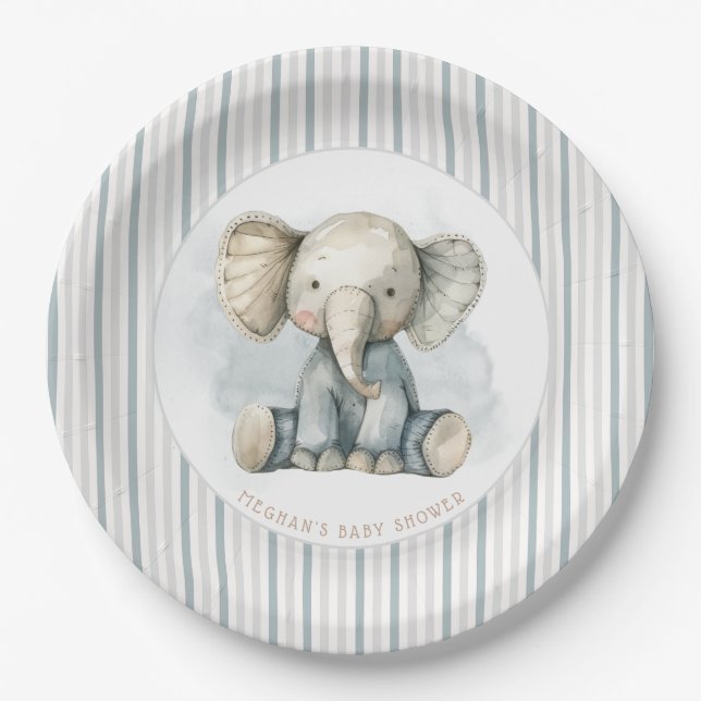 Little Peanut Elephant Blue Striped Baby Shower Paper Plate (Front)