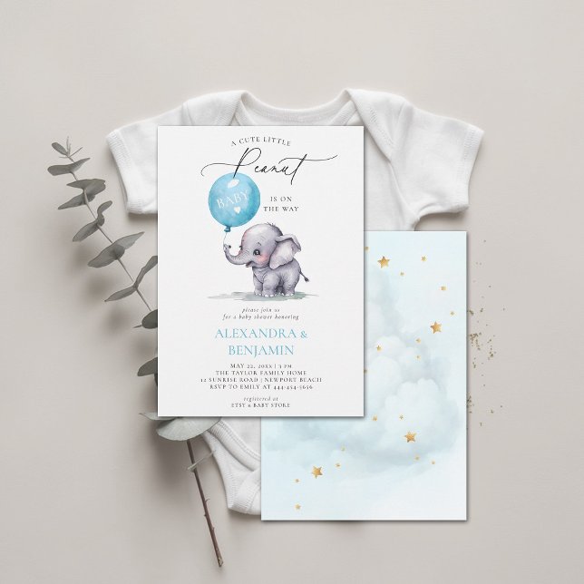 Little Peanut Elephant Watercolor Baby Boy Shower Invitation (little peanut baby shower invitation elephant balloon watercolor coed couple modern elegant chic)