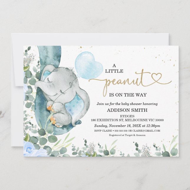 Little Peanut Floral Foliage Elephant Baby Shower Invitation (Front)