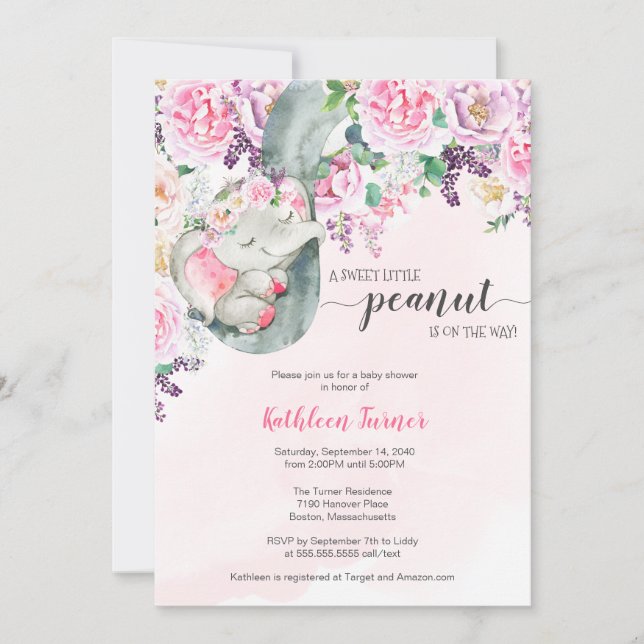 Little Peanut Sleeping Elephant Floral Baby Shower Invitation (Front)