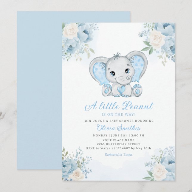 Little Peanut Watercolor Boy Elephant Baby Shower  Invitation (Front/Back)