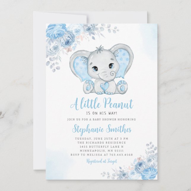 Little Peanut Watercolor Boy Elephant Baby Shower Invitation (Front)