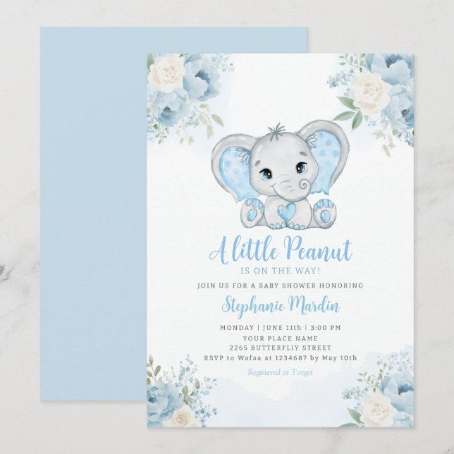 Little Peanut Watercolor Boy Elephant Baby Shower Invitation (Front/Back)