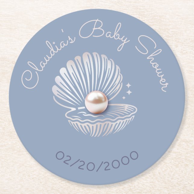Little Pearl Baby Shower Round Paper Coaster (Front)