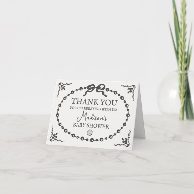 Little Pearl Black Bow Baby Shower Thank You Card (Front)