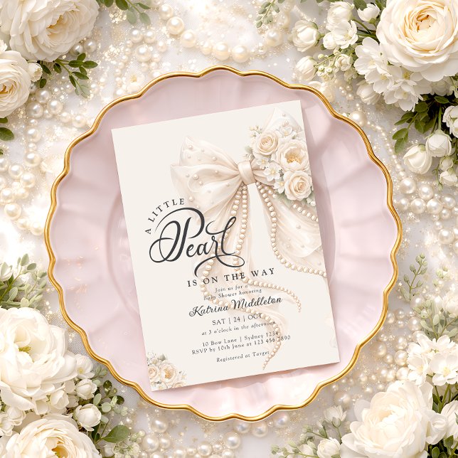 Little Pearl Bow Floral Baby Shower Invitation (Creator Uploaded)