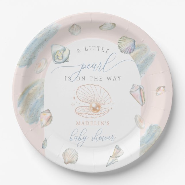 Little Pearl Seashells Ocean Beach Baby Shower Paper Plate (Front)