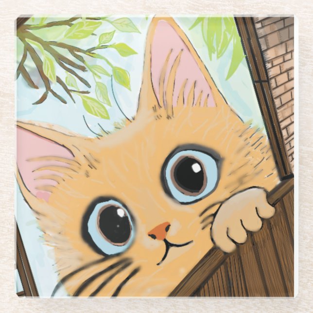 Little Peekaboo Kitten Glass Coaster (Front)