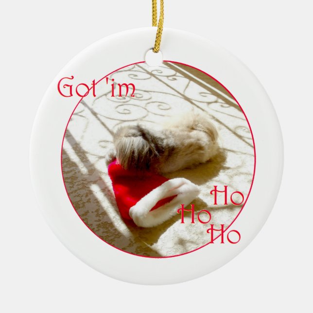 Little Pekingese Grabs Santa Ceramic Ornament (Front)