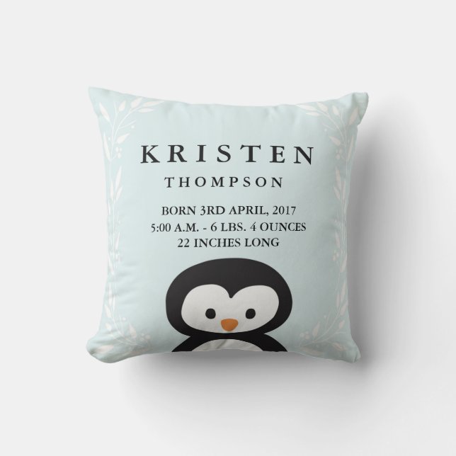 Little Penguin Baby Birth Announcement Pillow (Front)