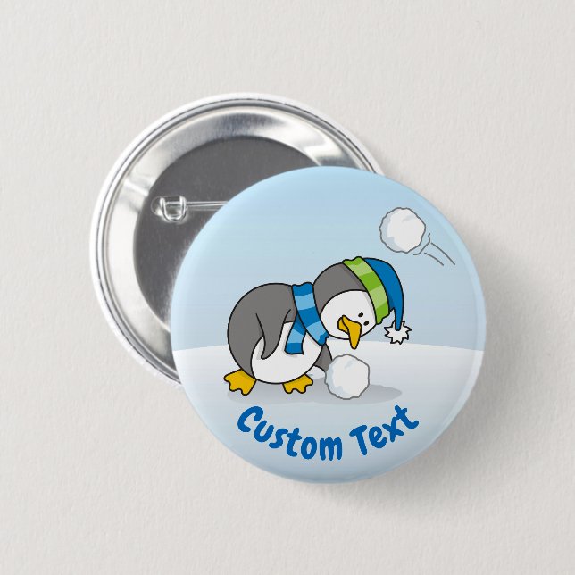 Little penguin getting a snow ball 2 inch round button (Front & Back)