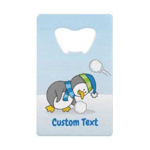Little penguin getting a snow ball credit card bot bottle opener