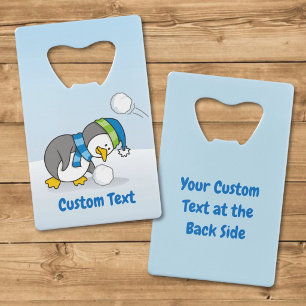 Little penguin getting a snow ball credit card bot bottle opener