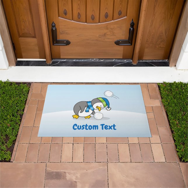 Little Penguin Getting a Snow Ball Doormat (Outdoor)