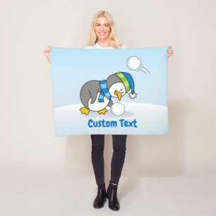 Little penguin getting a snow ball fleece blanket
