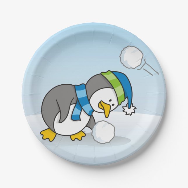 Little penguin getting a snow ball paper plate (Front)