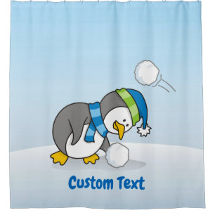 Little penguin getting a snow ball shower curtain