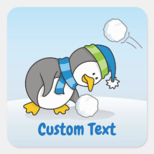 Little penguin getting a snow ball square sticker