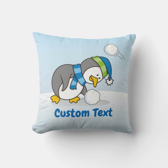 Little penguin getting a snow ball throw pillow (Front)