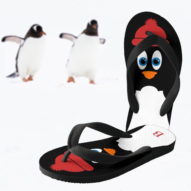 Little Penguin Monogrammed Cute Cartoon Funny Bird Kid's Flip Flops (🐧  Love penguins and flip flops? Just add your initial! Available in Children and Adult sizes)