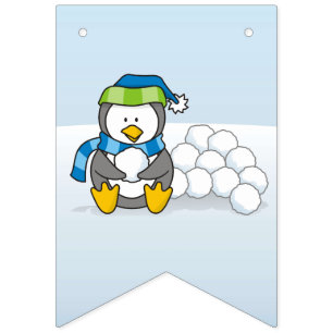 Little penguin sitting with snowballs bunting flags