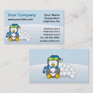 Little penguin sitting with snowballs business card