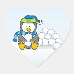 Little penguin sitting with snowballs heart sticker