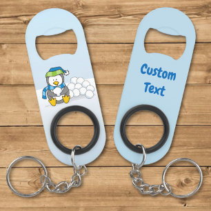 Little penguin sitting with snowballs keychain bot bottle opener