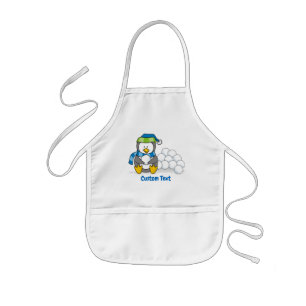 Little penguin sitting with snowballs long apron