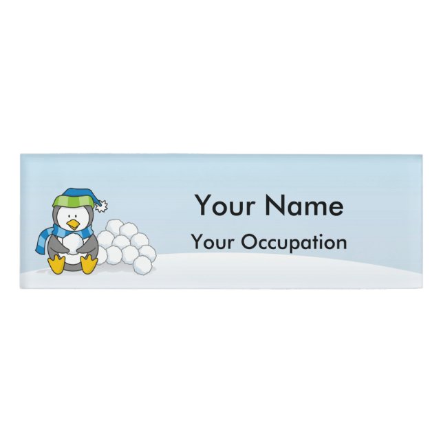 Little penguin sitting with snowballs Name Tag (Front)