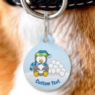 Little penguin sitting with snowballs pet tag