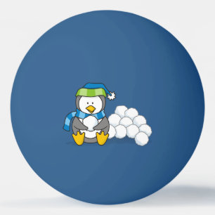 Little penguin sitting with snowballs ping pong ba ball