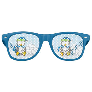 Little penguin sitting with snowballs retro sunglasses