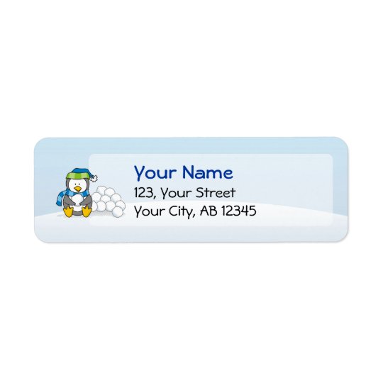 Little penguin sitting with snowballs return address label