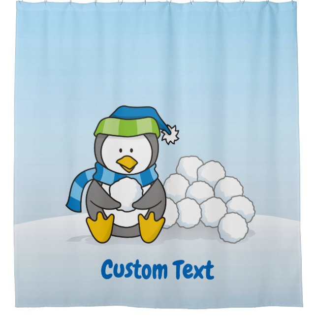 Little penguin sitting with snowballs shower curta (Front)