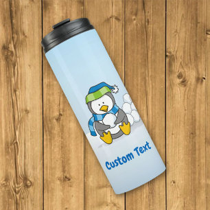 Little penguin sitting with snowballs thermal tumb tumbler
