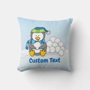 Little penguin sitting with snowballs throw pillow