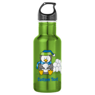 Little penguin sitting with snowballs water bottle