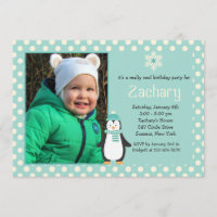 Little Penguin Teal Photo Invitation