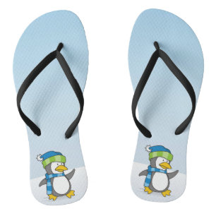 Little penguin walking on snow flip flops