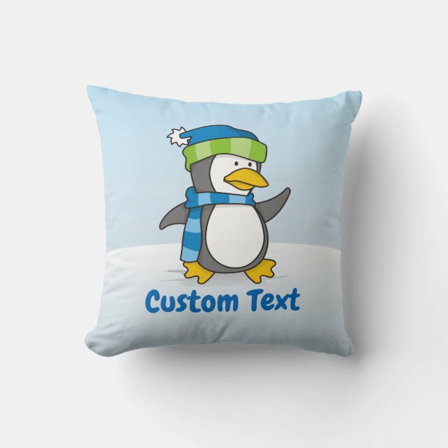 Little penguin walking on snow throw pillow (Front)